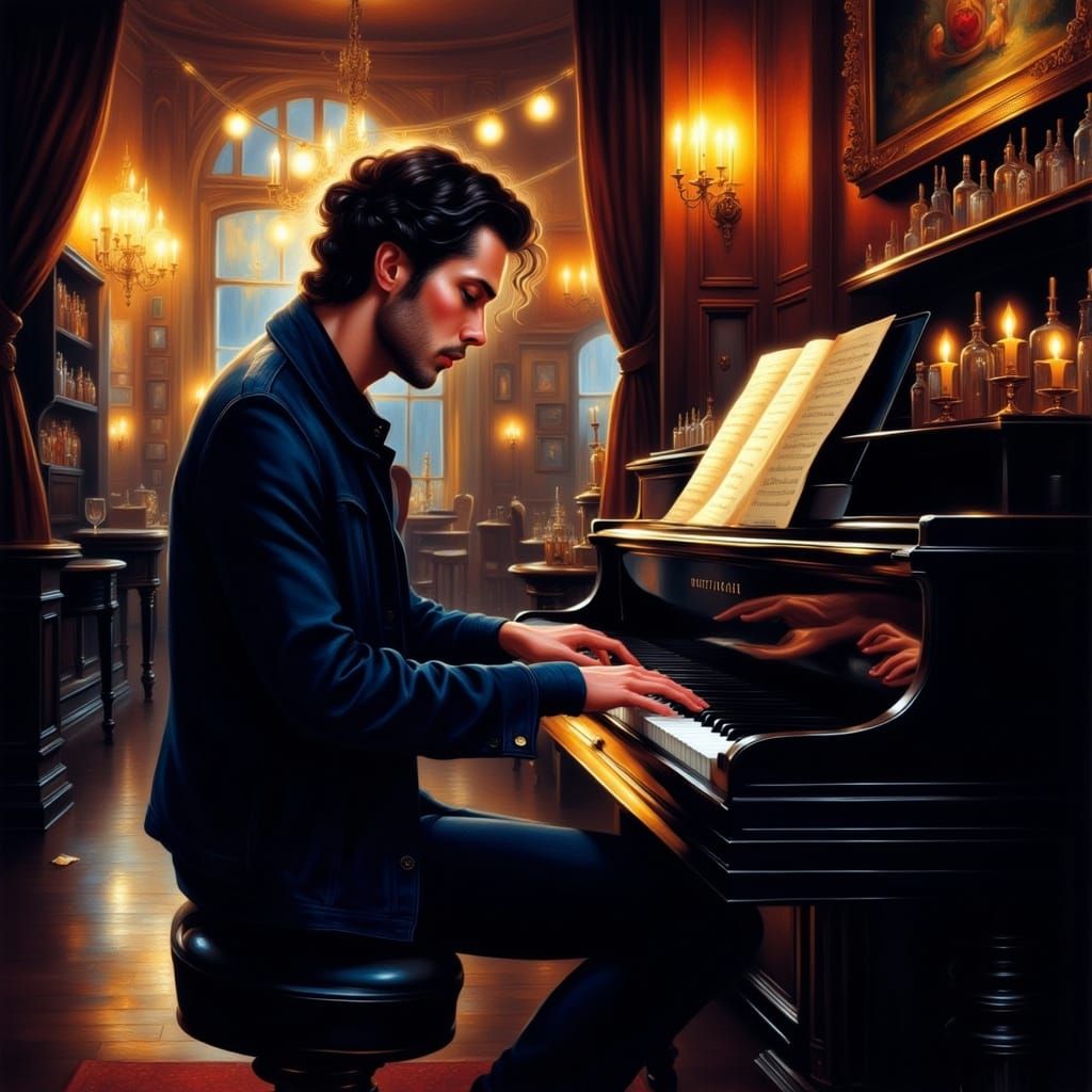 Pianist in Dimly Lit Bar: Impressionist Style