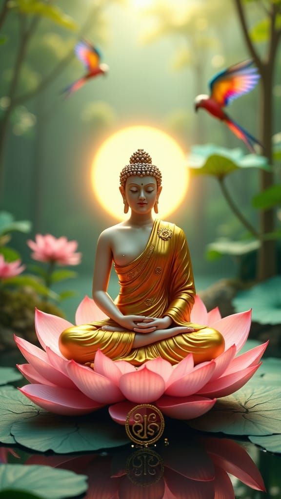 Buddha on Lotus Flower in Golden Light, Digital Painting