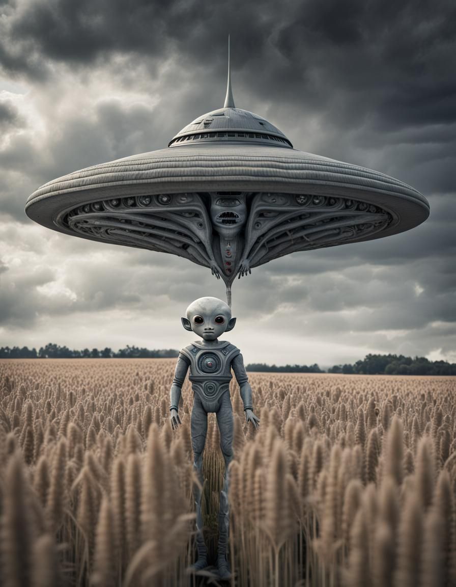 Creepy Alien Doll in Crop Circle with Spaceship