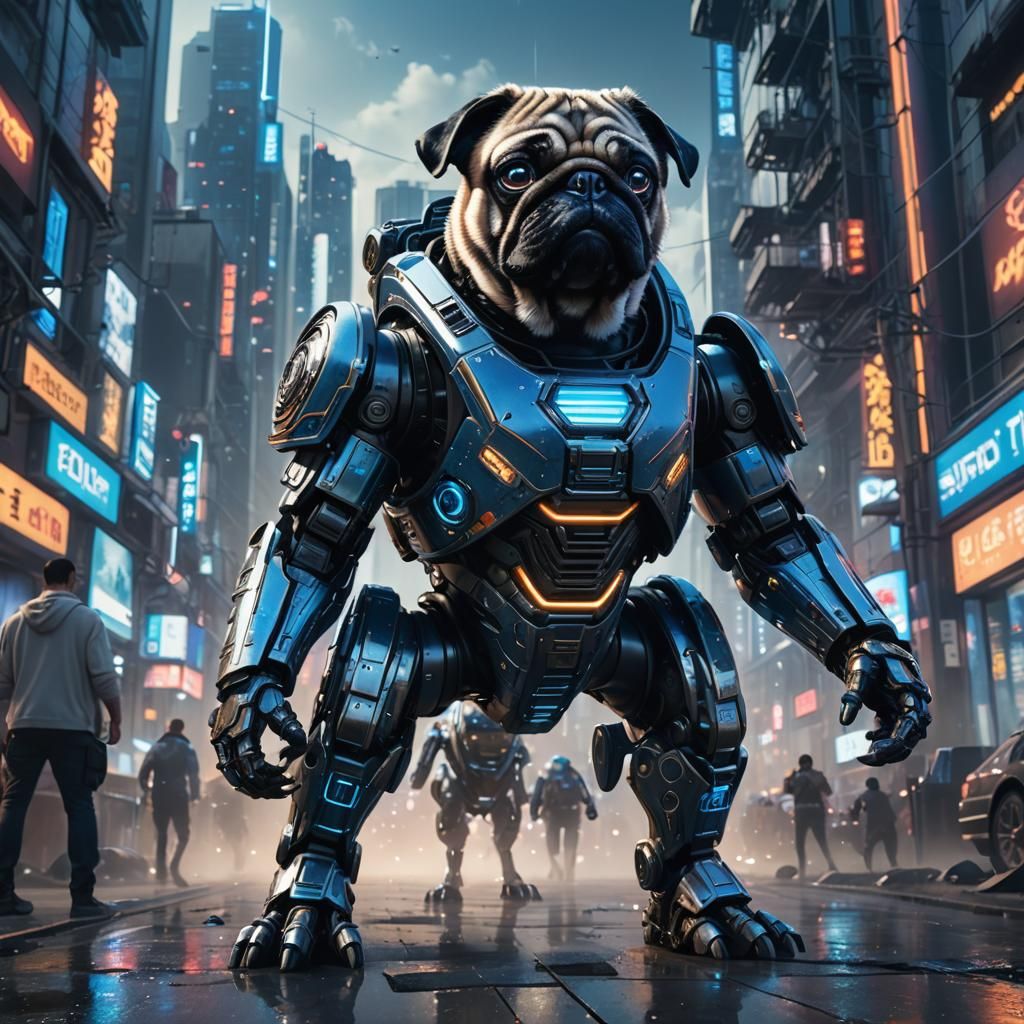 Giant Pug in Mech Suit, Sci-Fi Concept Art