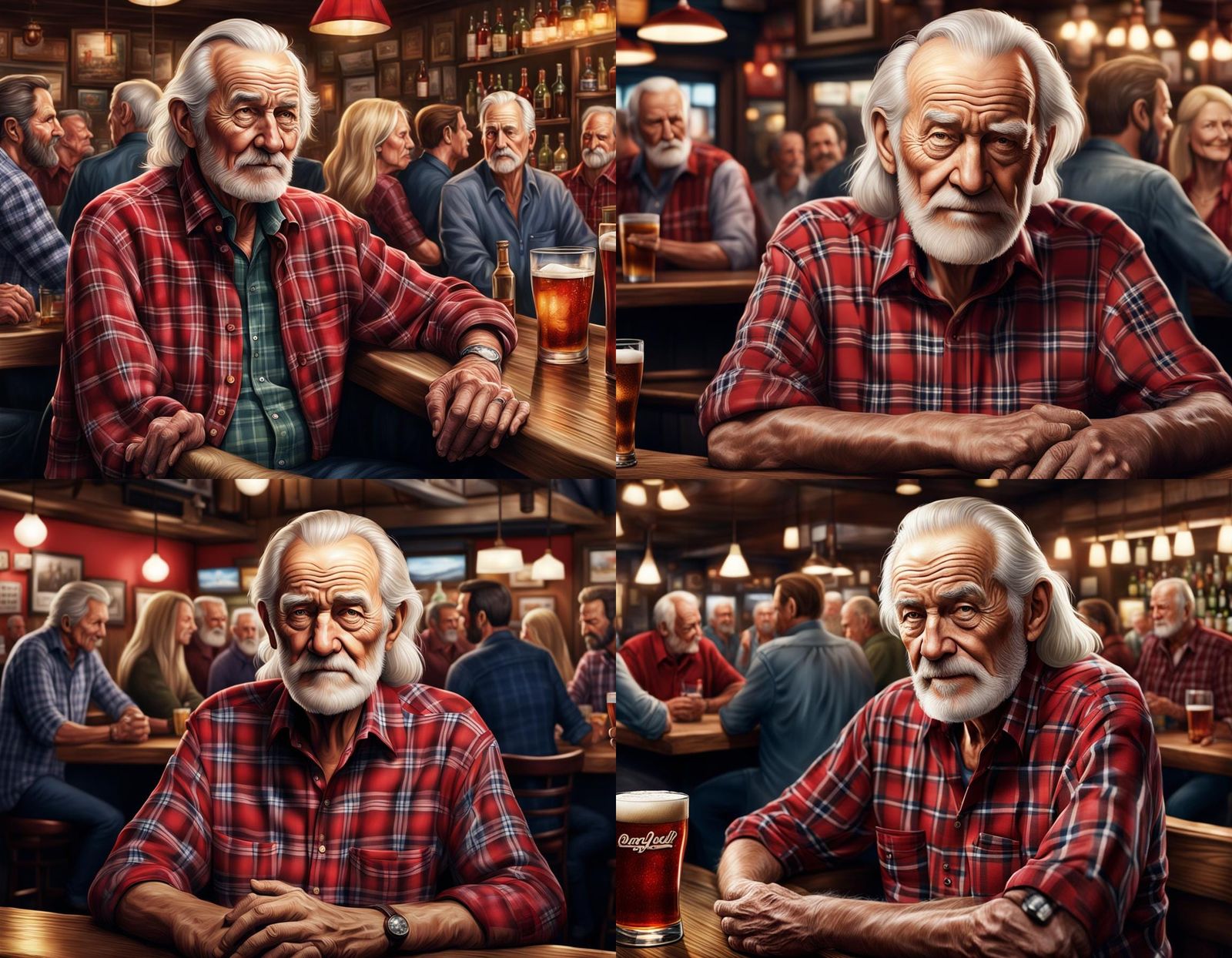 Hyper-Realistic Old Man at Crowded Bar in 8K