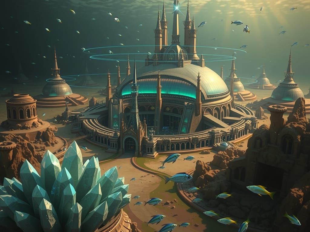 Sci-Fi Atlantis Cityscape: Iridescent Domes and Colossal Arc...