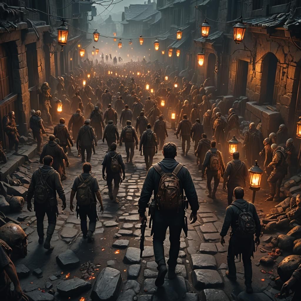 Man Walks Away From Zombie Horde in Dark Fantasy Art