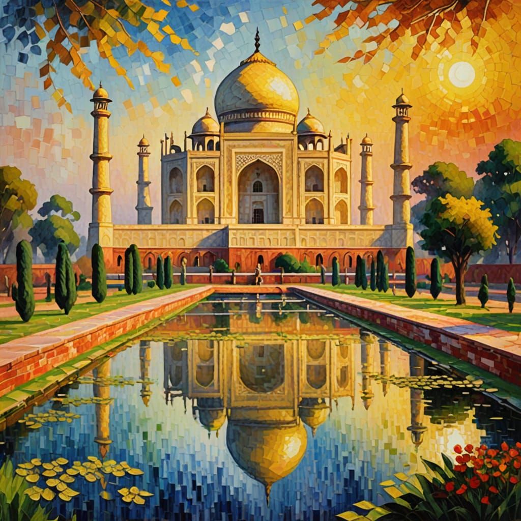 Vibrant Oil Painting of Taj Mahal at Sunset