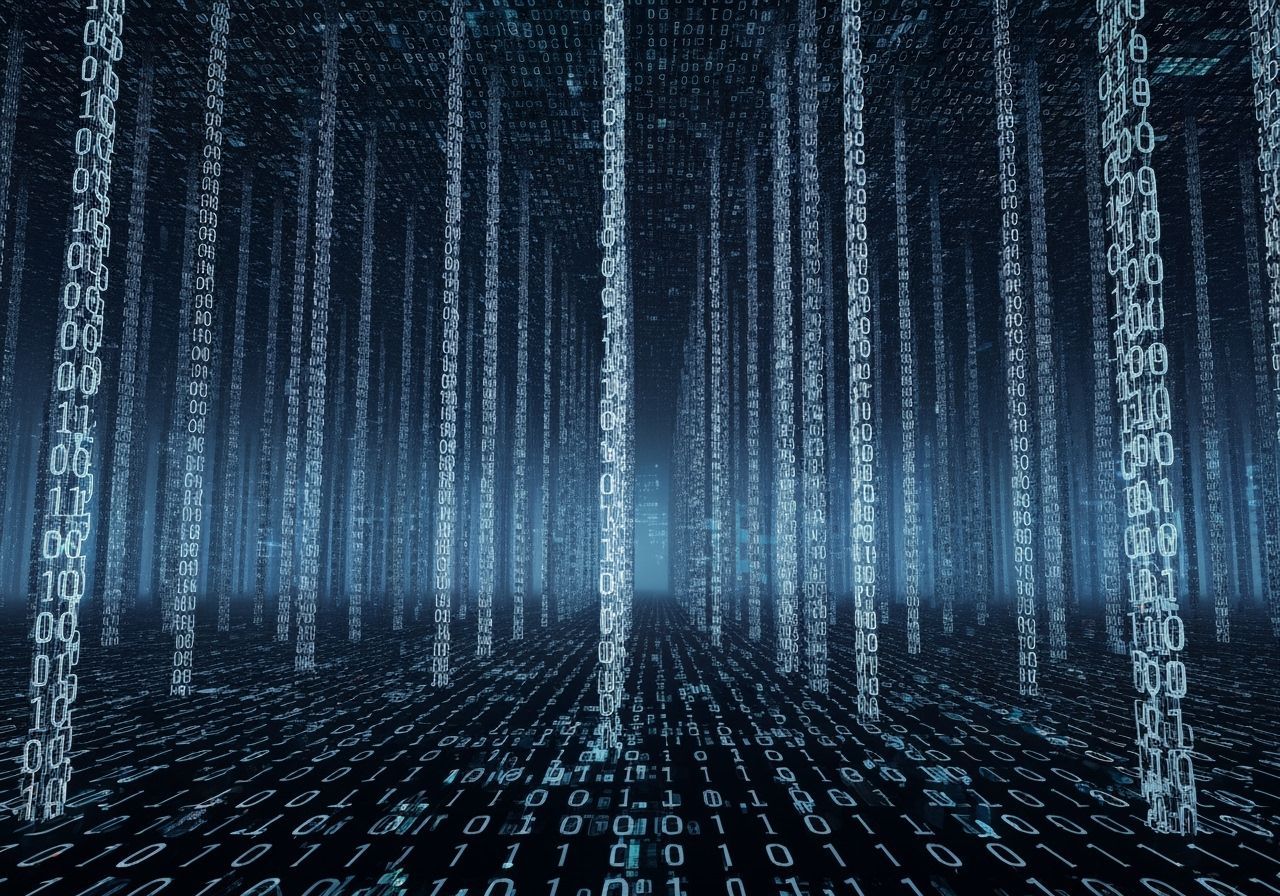 Surreal Digital Forest of Binary Code in Futuristic Realm