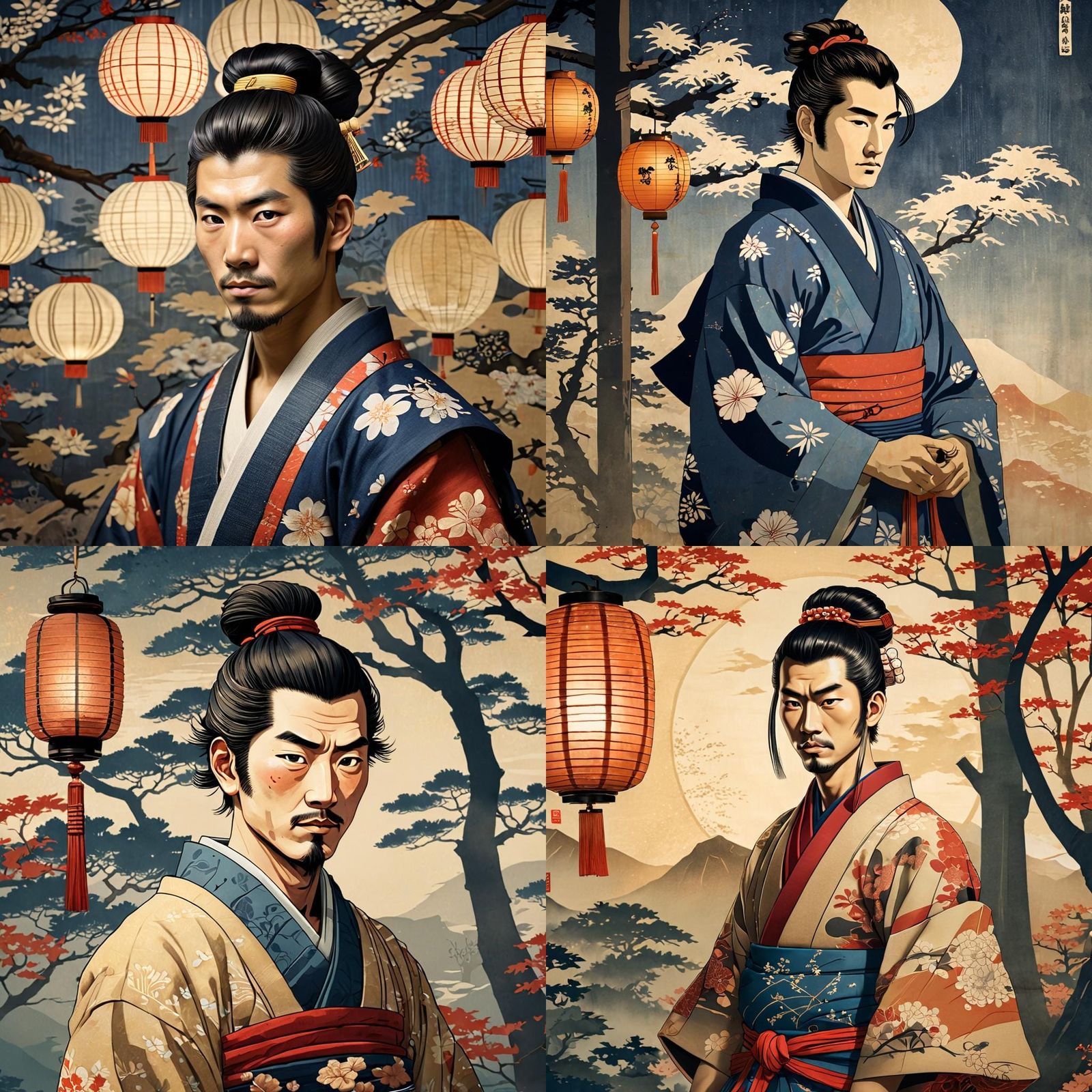 Samurai Portrait in Ukiyo-e Style with Kimono