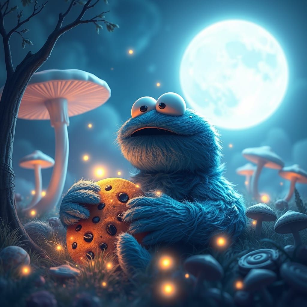 Moonlit Cookie Monster in Dreamy Anime Art