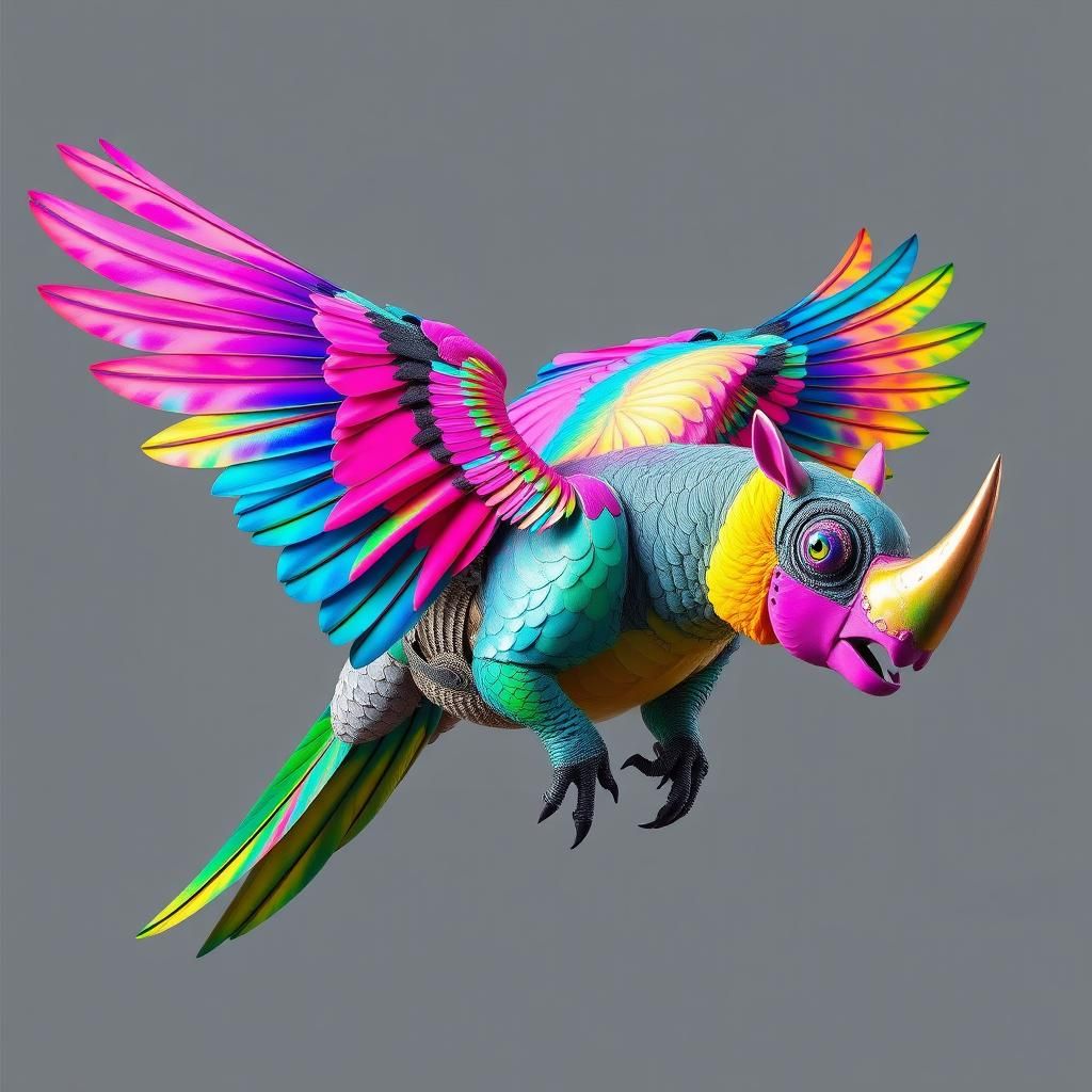 Iridescent Parrot-Rhinoceros Hybrid in Flight