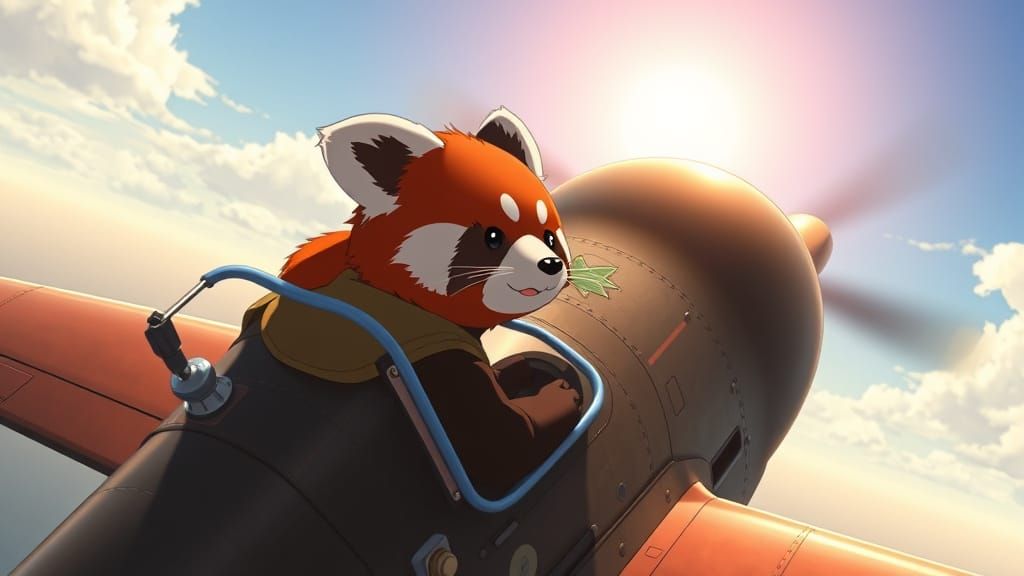 Red Panda Pilot Soars Over Sunlit Sea in Anime Style