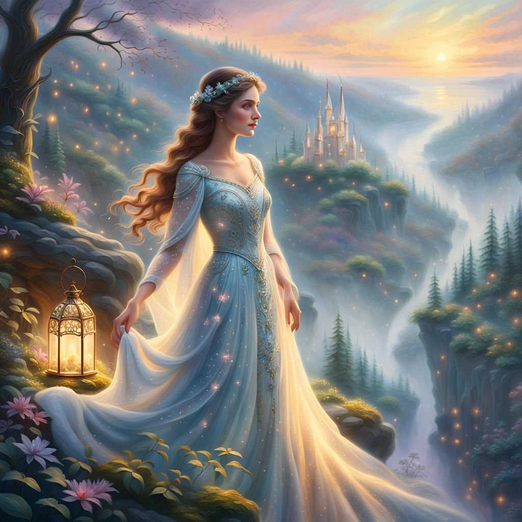Ethereal Woman Overlooks Mystical Forest in Golden Light