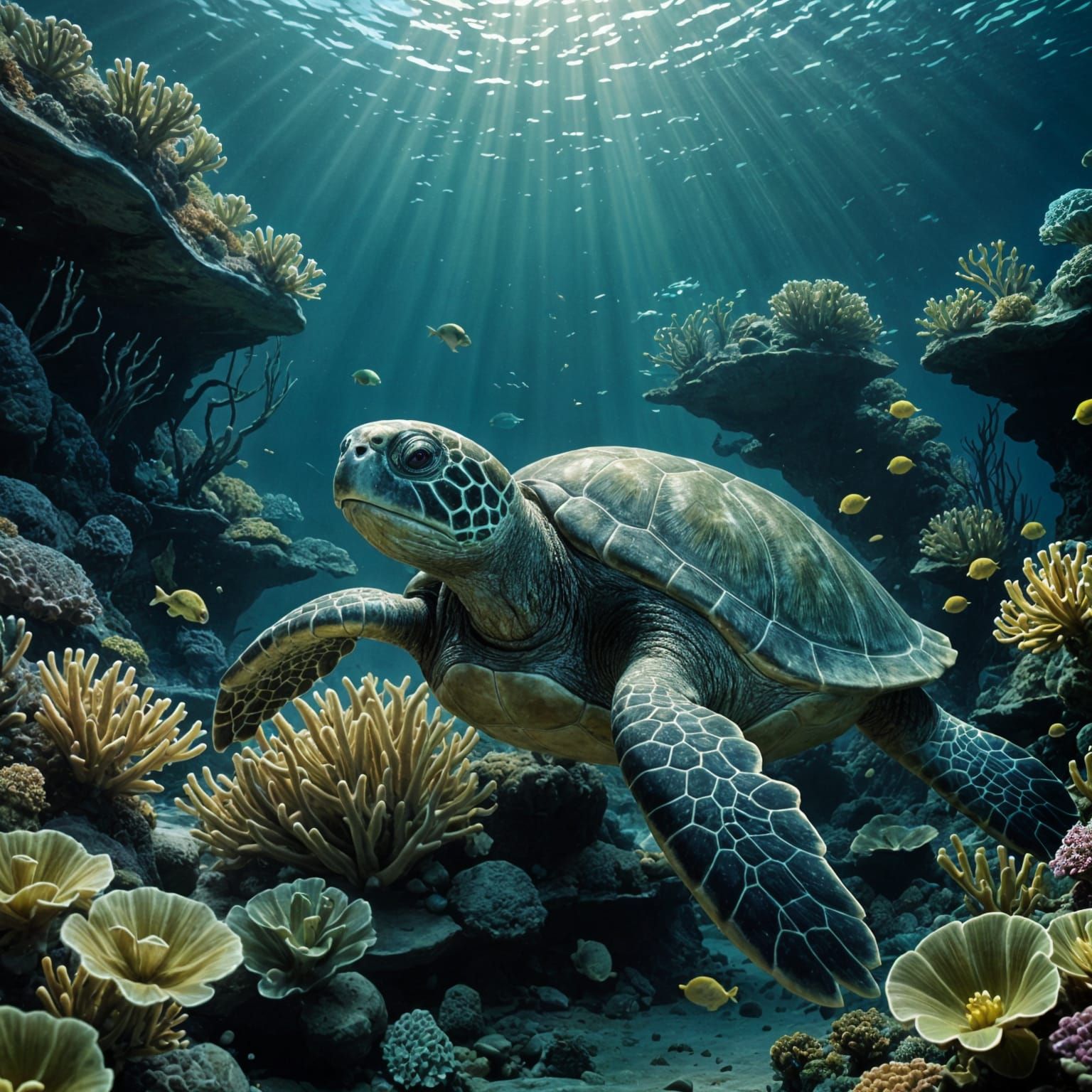 Glowing Sea Turtle in Deep Ocean Trench