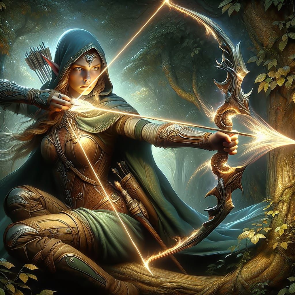 Elven Huntress with Enchanted Bow in Forest Canopy