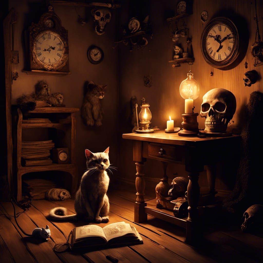 Mysterious Cozy Room with Skull and Cat