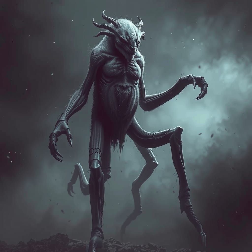The human-sized gentle-faced eyeless grey creature Aunt Beast, who has six legs and a furry torso, sci-fi illustration i...