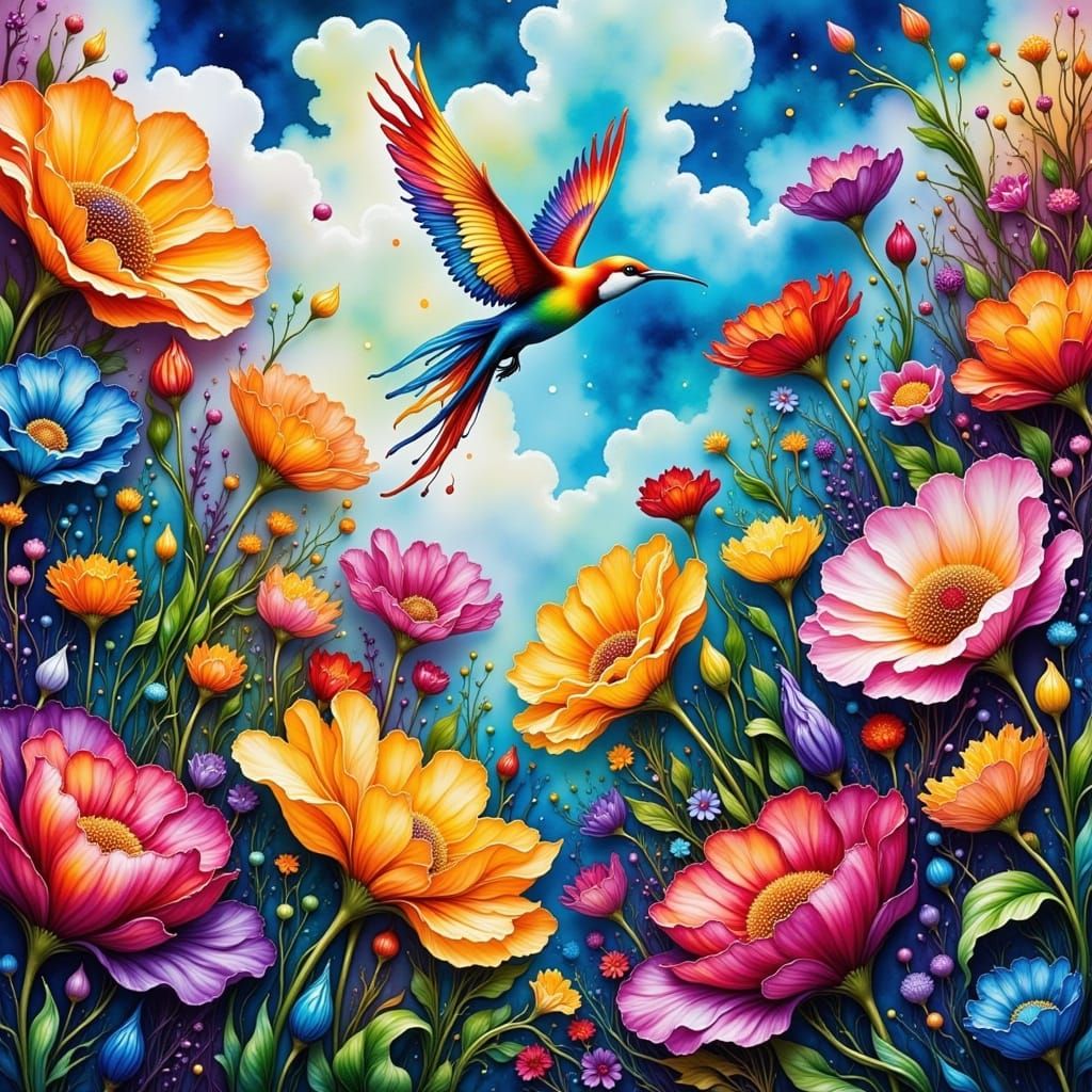 Vibrant Floral Mural in Whimsical Fantasy Style