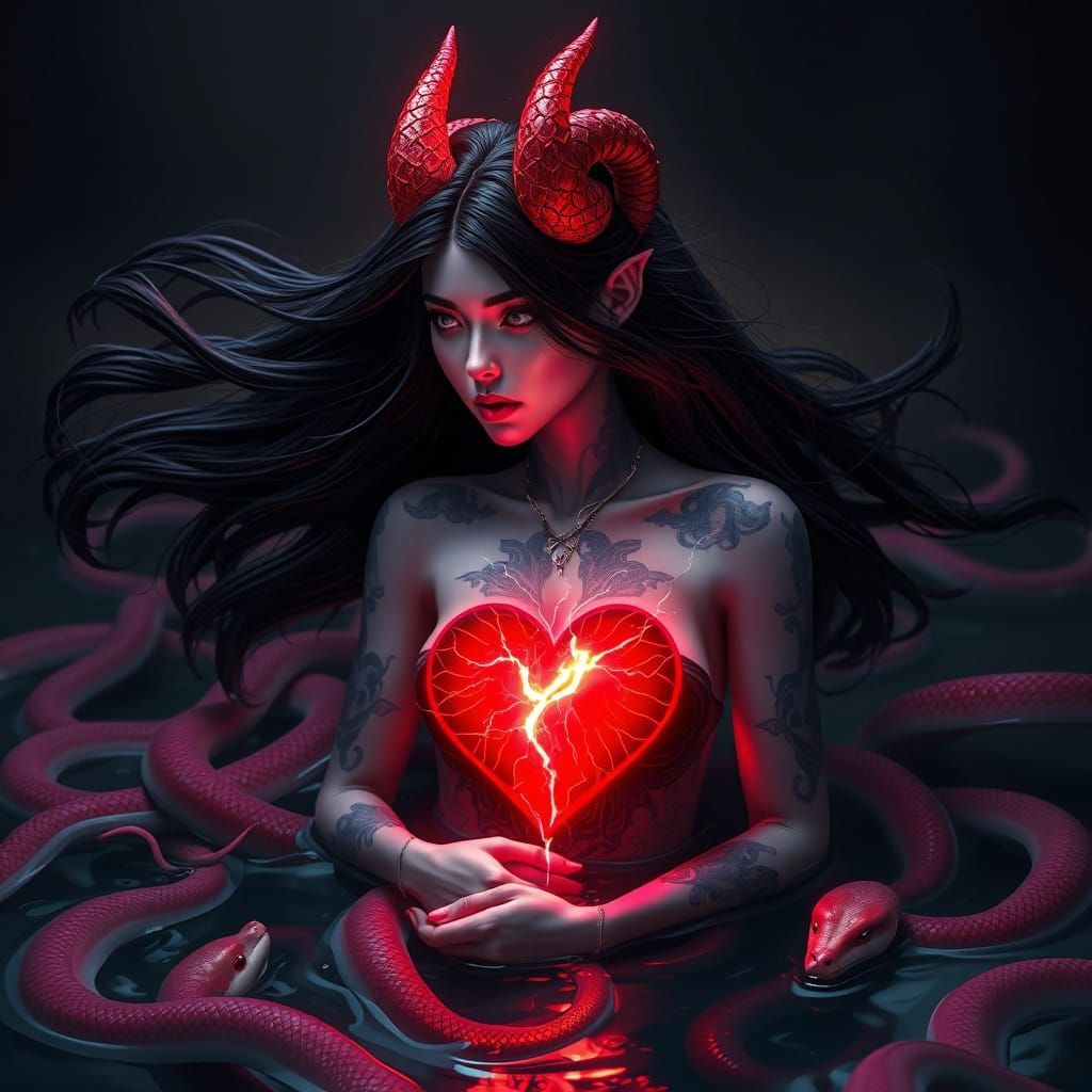 Mermaid with Flaming Horns in Dramatic Lighting