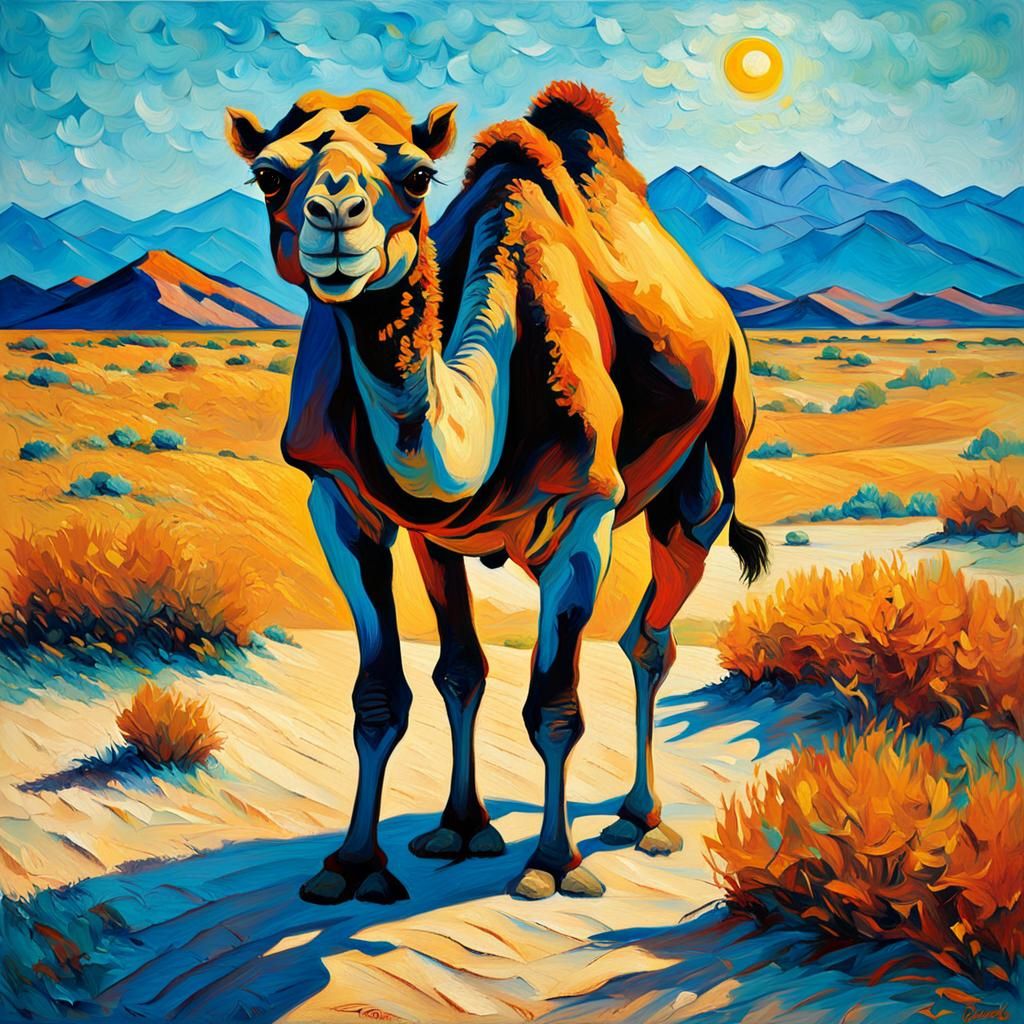 Camel in Desert Landscape: Neo-Impressionist Oil Painting