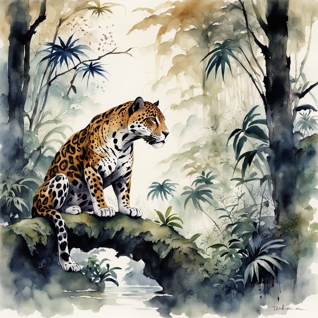 Jaguar in Forest: Sumi-e Ink Wash Painting