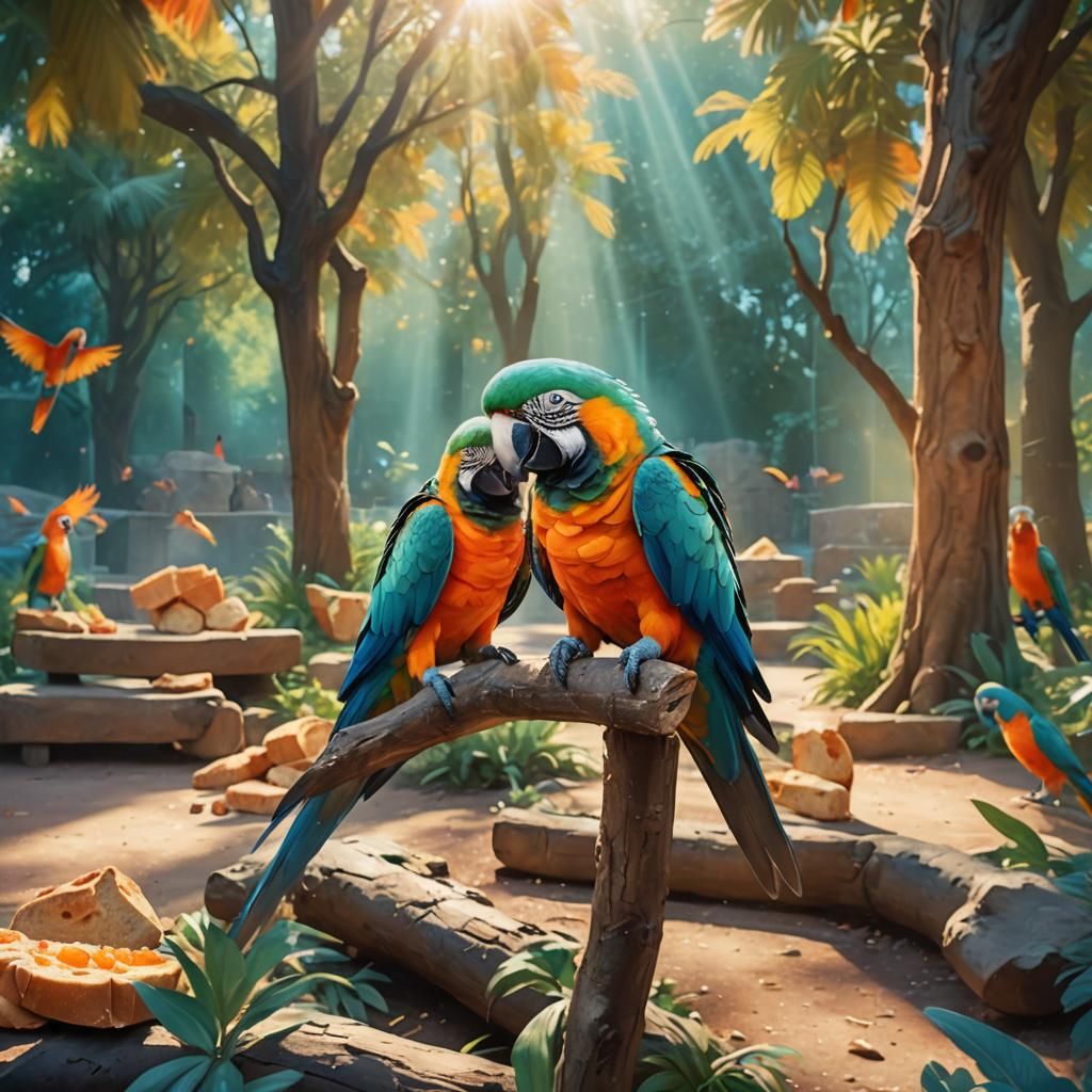 Parrot Eating Bread in Zoo: Dreamy Concept Art