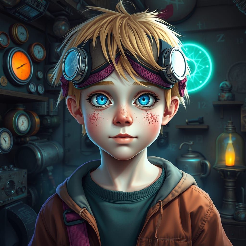 Confident Boy Wears RV Goggles in Whimsical Den Scene