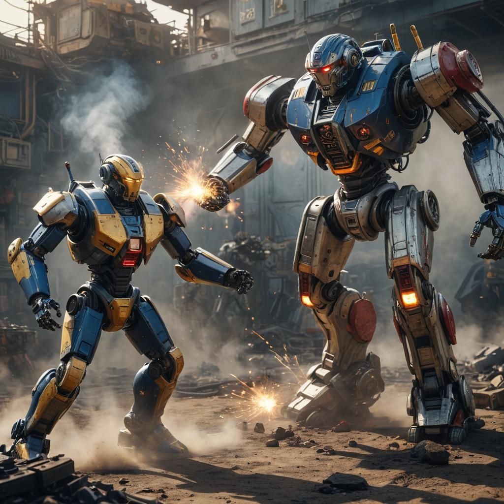 Sci-Fi Robot Battle in Cinematic Golden Hour