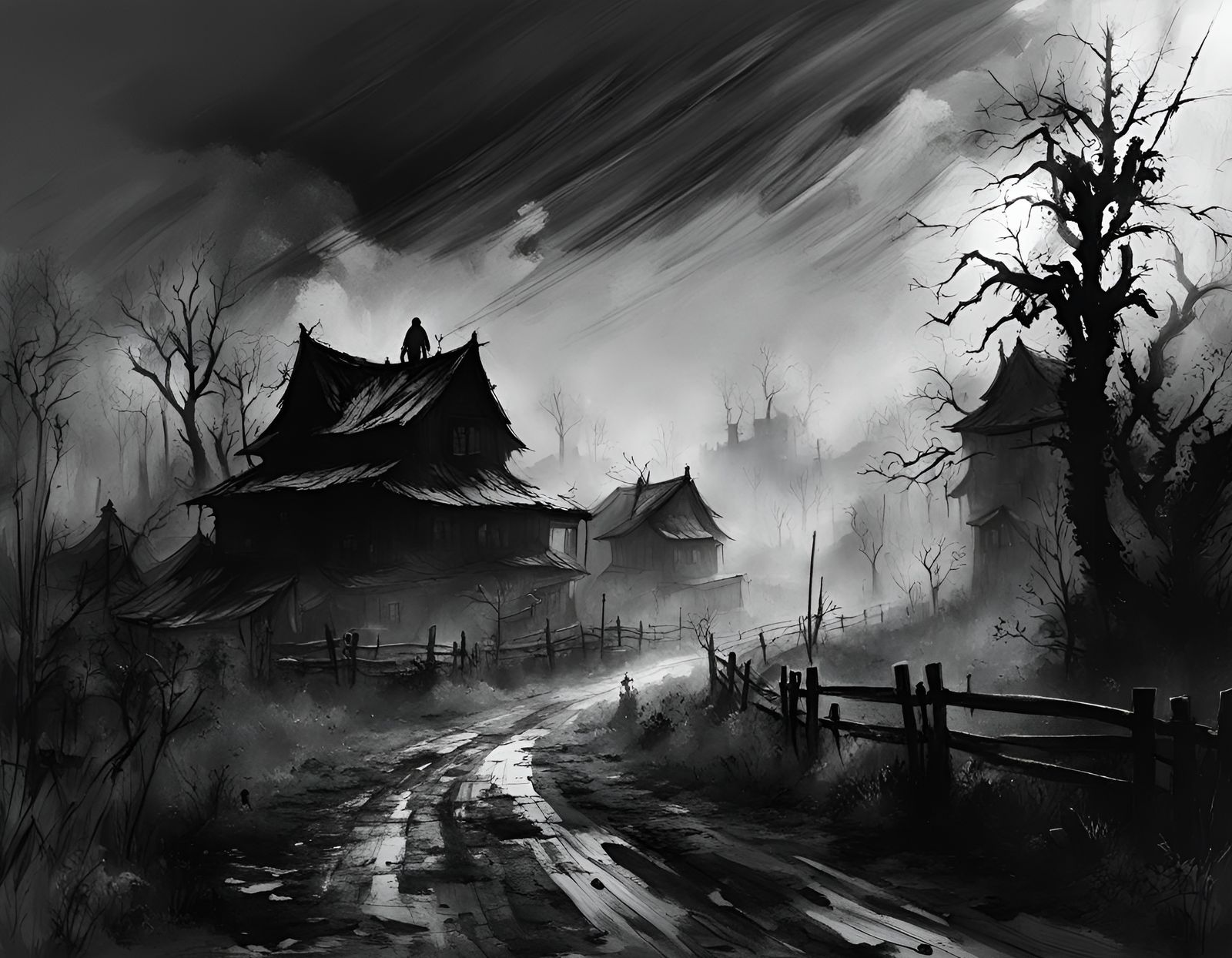 Spooky Haunted Village in Black and White Horror Style