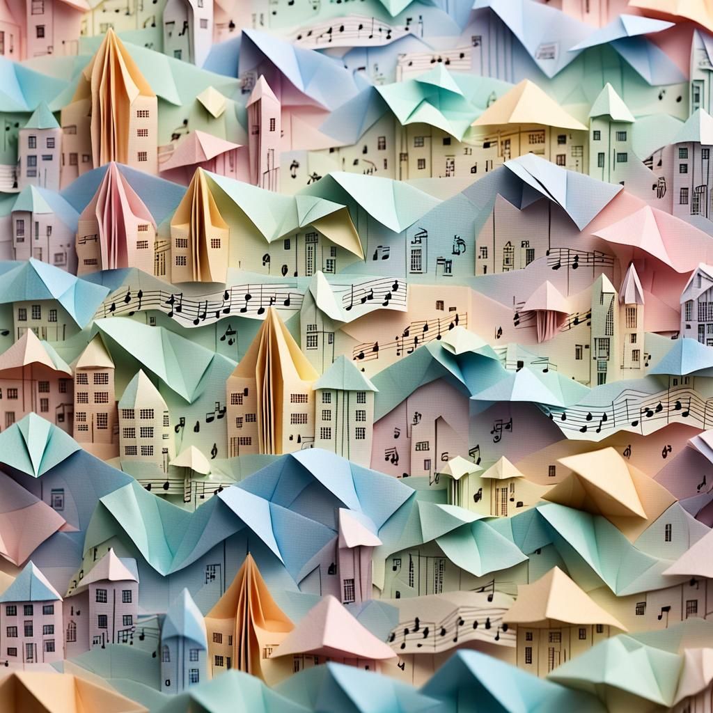 Origami Cityscape Crafted from Sheet Music