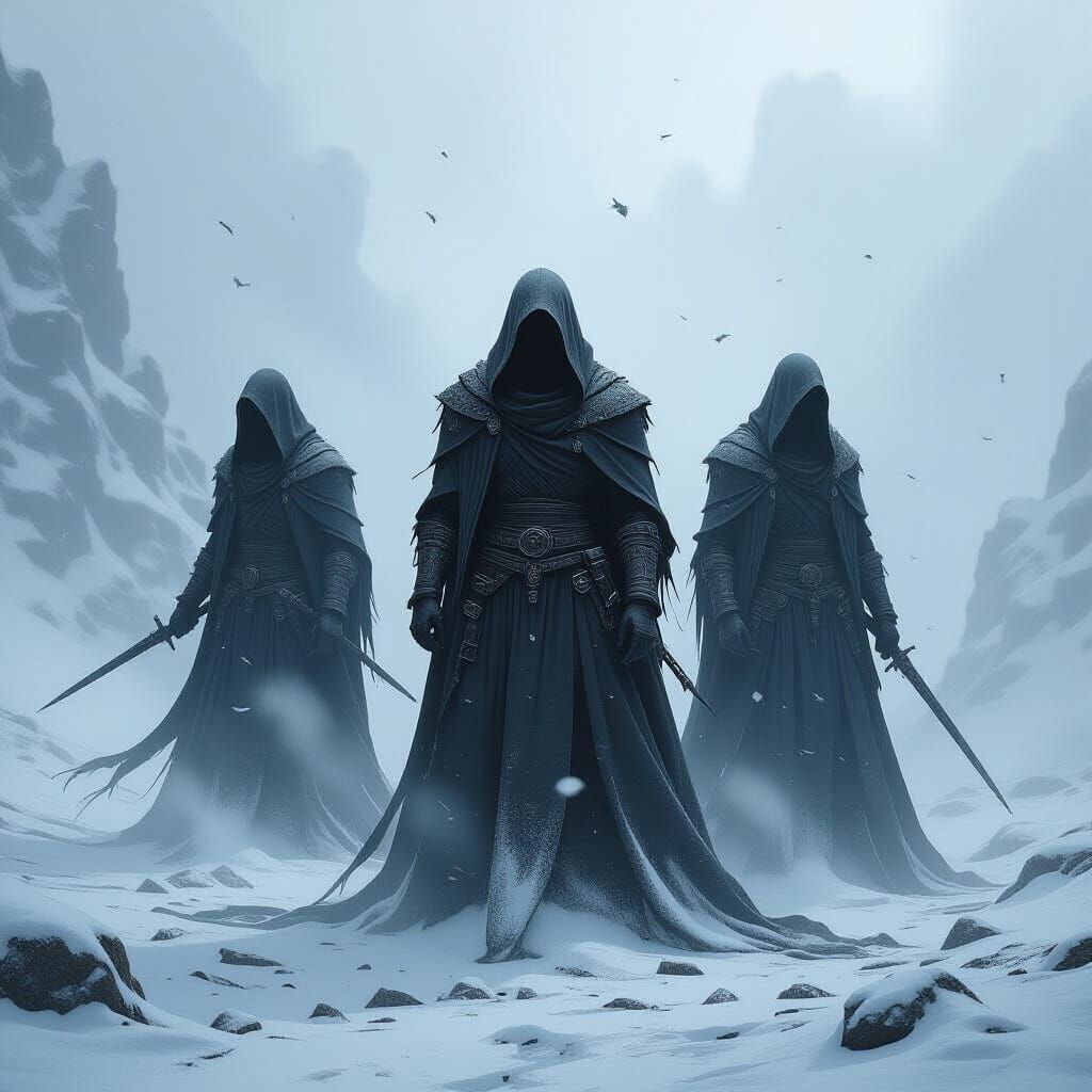 Shadowy Figures in Icy Storm, Death Metal Art Style