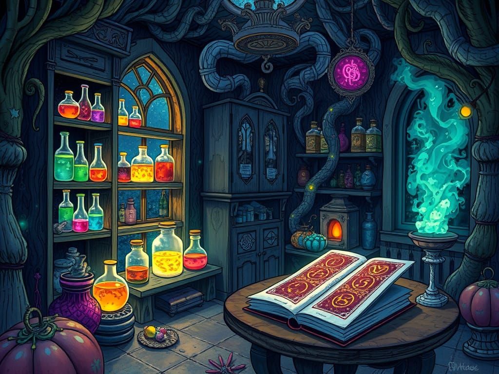 Whimsical Witch's Sanctuary in Vibrant, Mystical Style