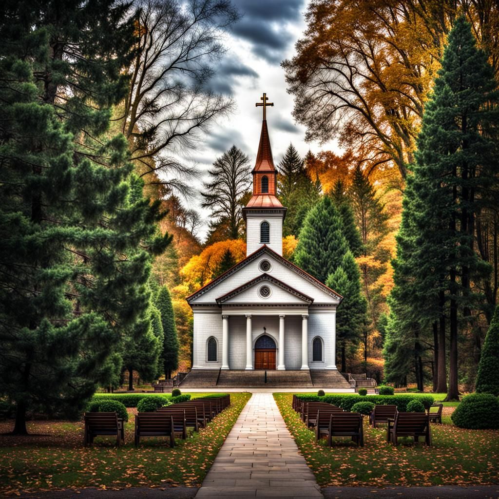 Church with Cross in Forest Park: Hyperrealistic HDR