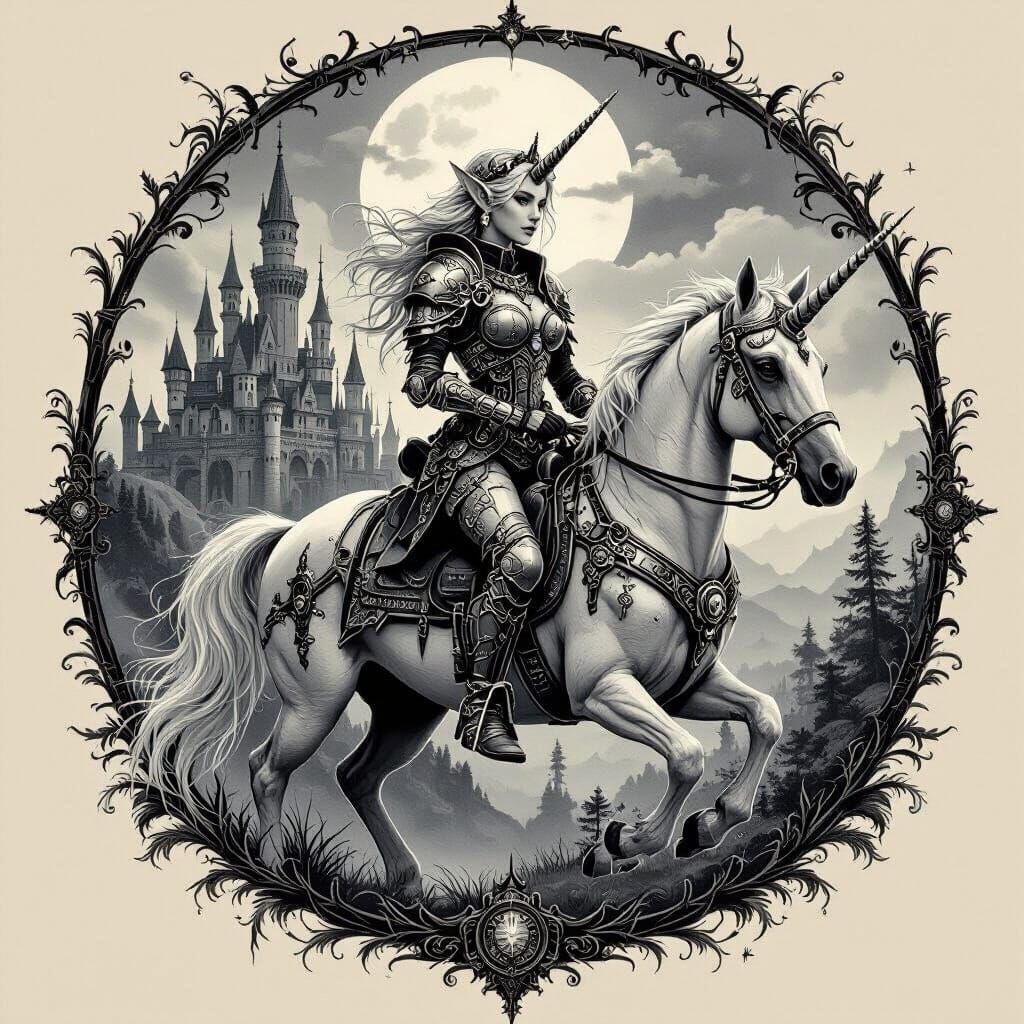 Steampunk Elf Warrior and Unicorn Tattoo Design