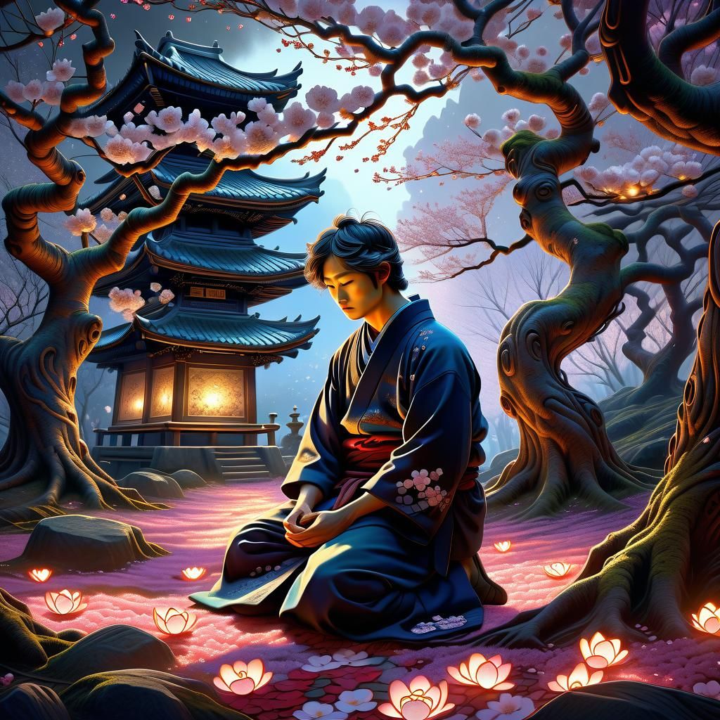 Sorrowful Man in Cherry Blossom Forest, Ukiyo-e Style