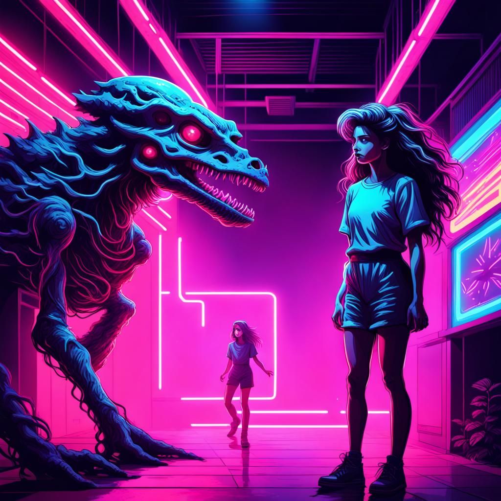 Girl Meets Demogorgon in Synthwave Neon Style
