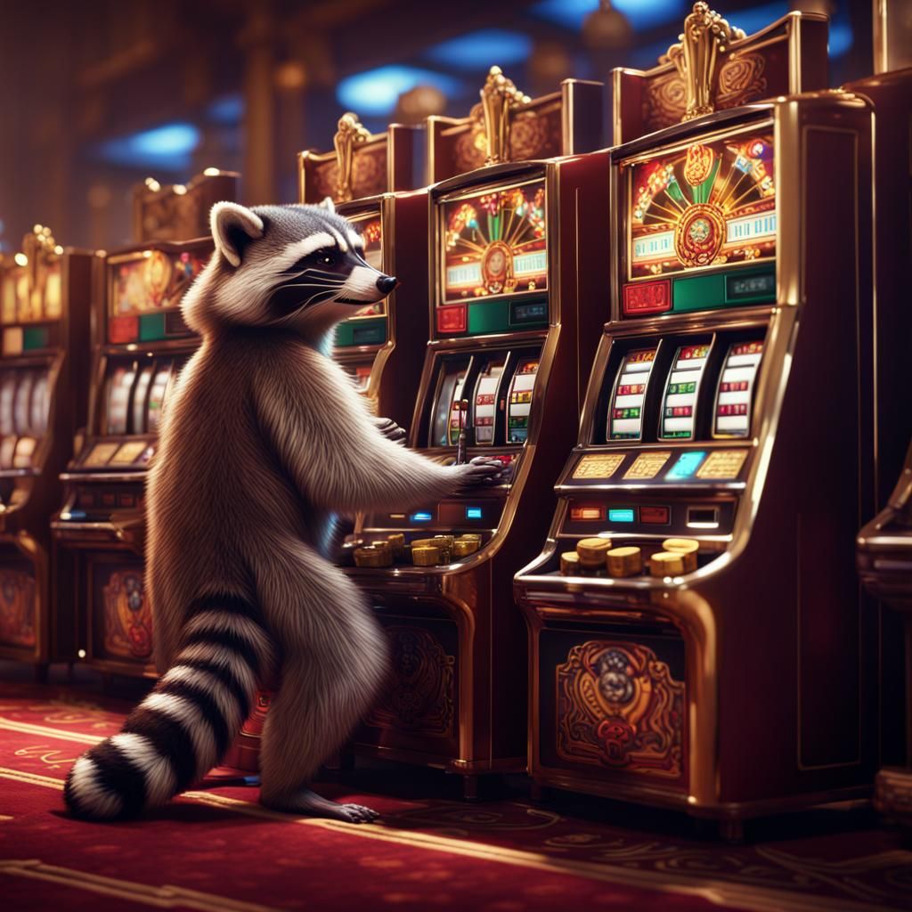 Raccoon Plays Slot Machine: Detailed Matte Painting