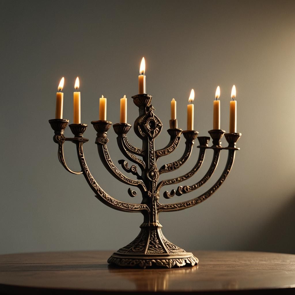 Detailed Menorah in Golden Light: Cinematic Still