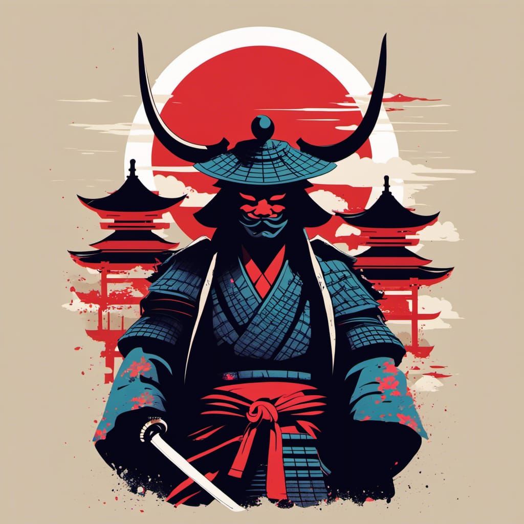 Minimalist Samurai with Oni Mask in Digital Art Style