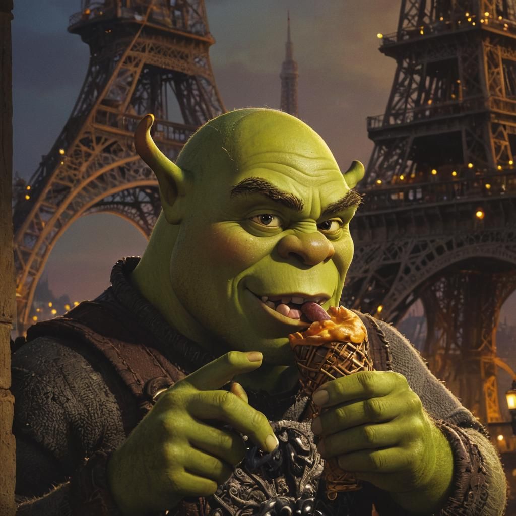 Shrek Eats Eiffel Tower: Cartoon Concept Art