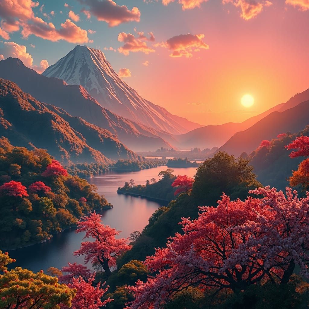 Golden Japan Fantasy Landscape in High-Fantasy Style