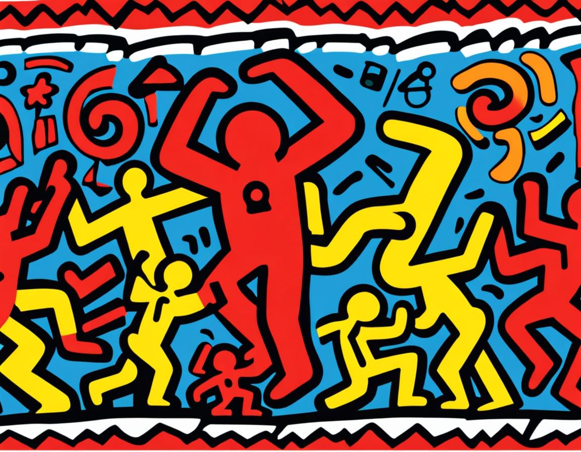 Keith Haring Style Street Art Mural with Bold Figures