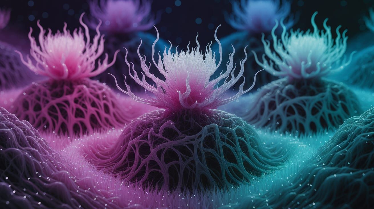 Surreal Bioluminescent Plants Thrive in Fractal Chaos