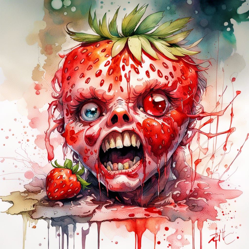 Zombie Strawberry in Watercolor Manga Style