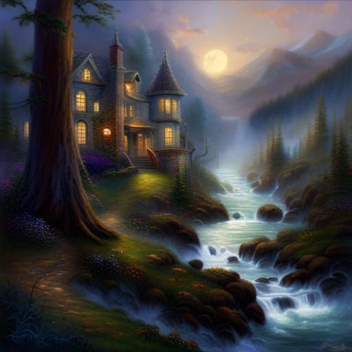 Ethereal Fantasy Scene in Thomas Kinkade Style