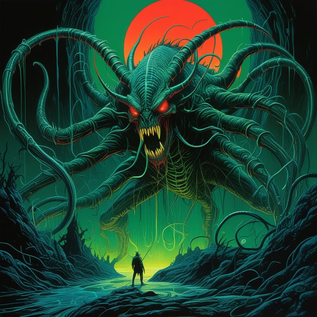 Menacing Alien Creature with Bioluminescent Skin and Blood-R...