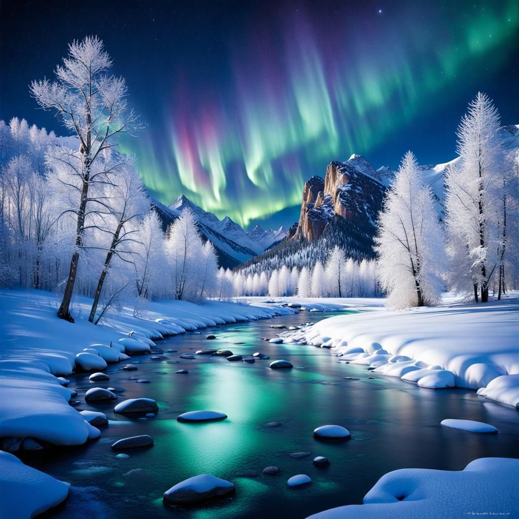 Magical Winter Riverscape with Aurora Borealis
