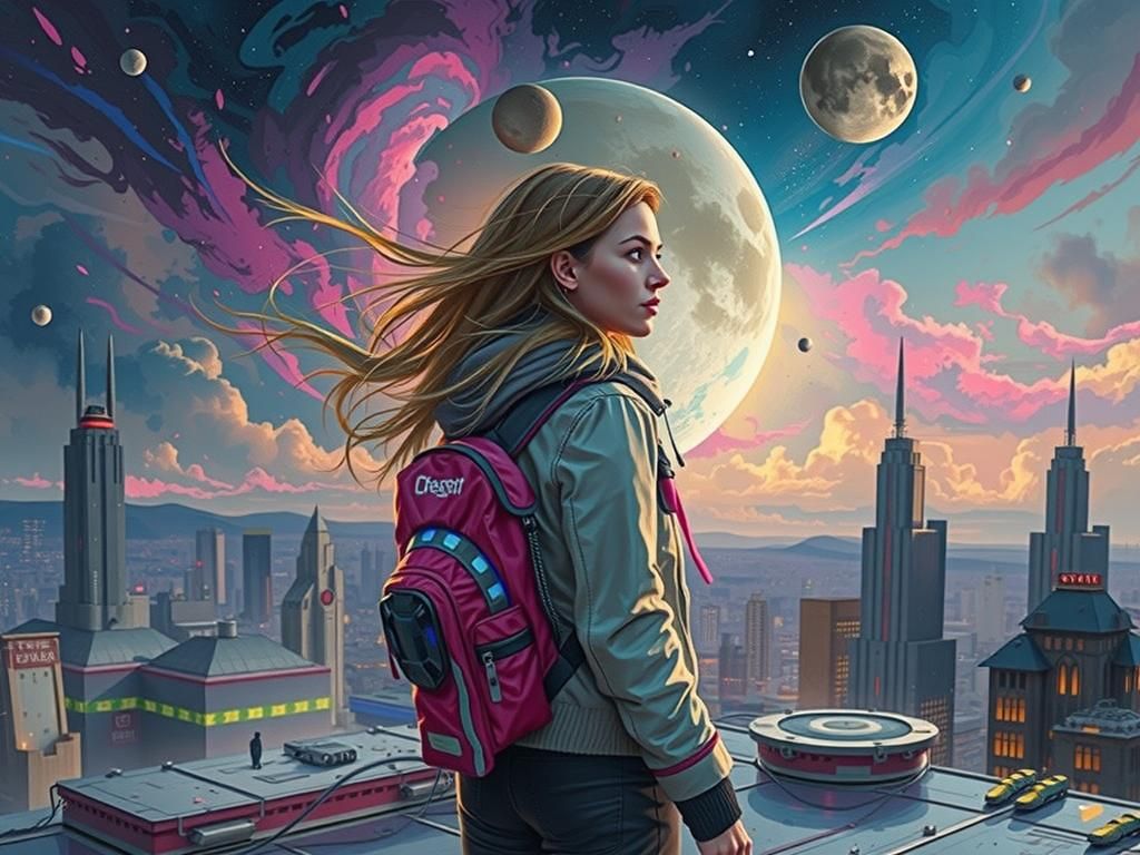 Twilight Contemplation: Futuristic Figure in Cityscape