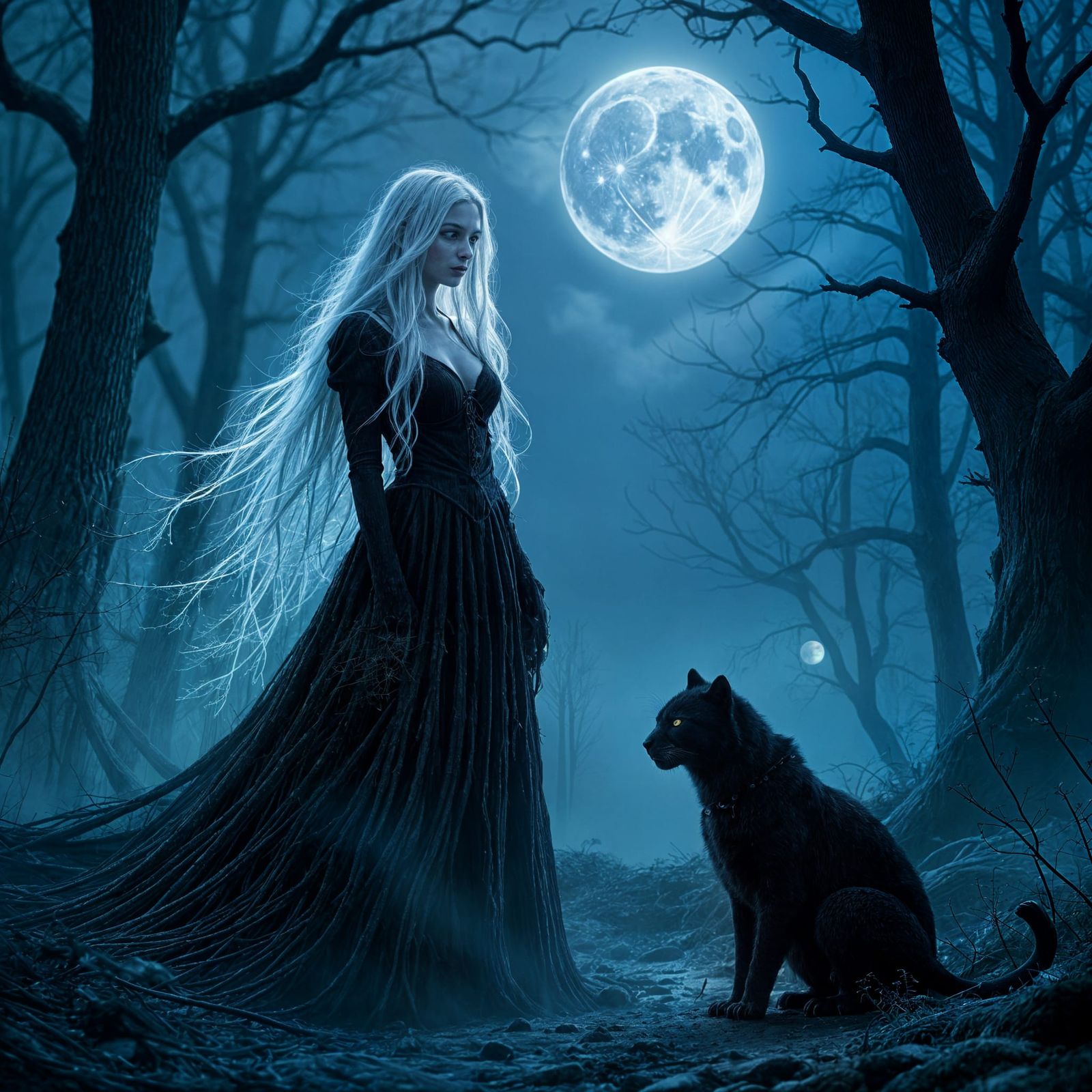 Moonlit Ancient Forest in Dense Fog