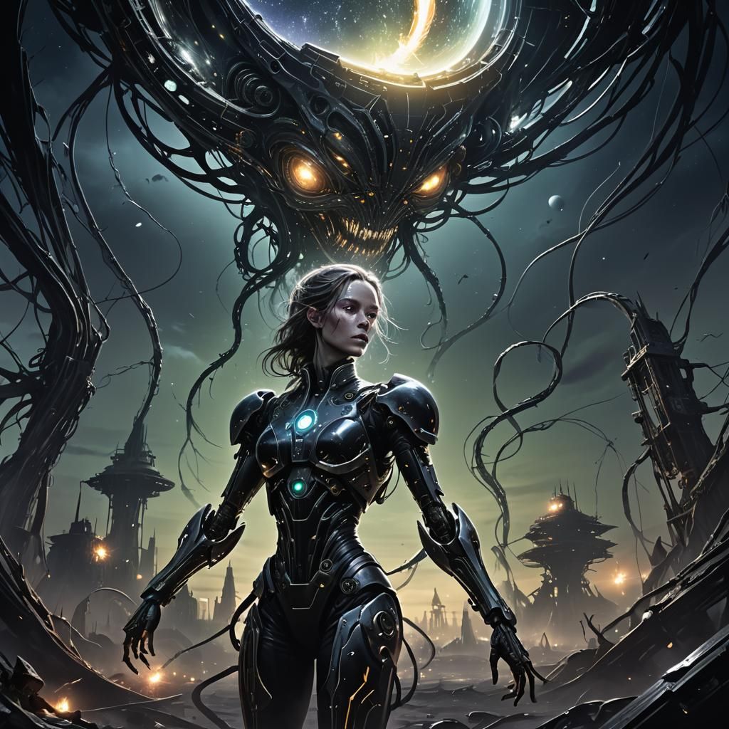 Dark Sci-Fi Woman with Alien Plant in 80s Anime Style