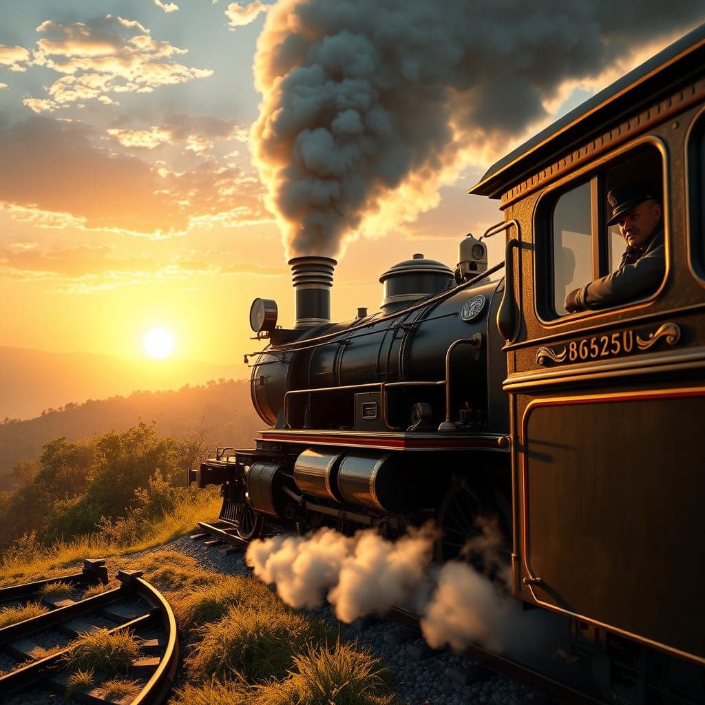 Majestic Steam Train Chugs Along a Sun-Drenched Morning Land...