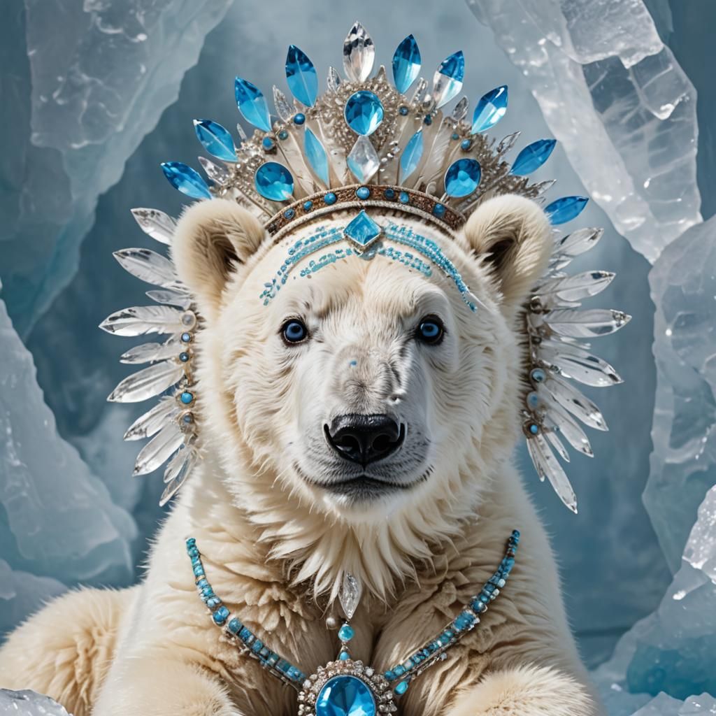 Polar Bear Cub with Indian Headdress on Blue Ice