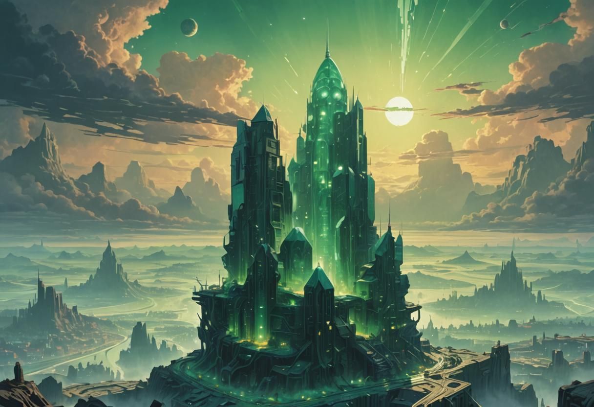 Emerald Crystal City in Biomechanical Digital Art Style